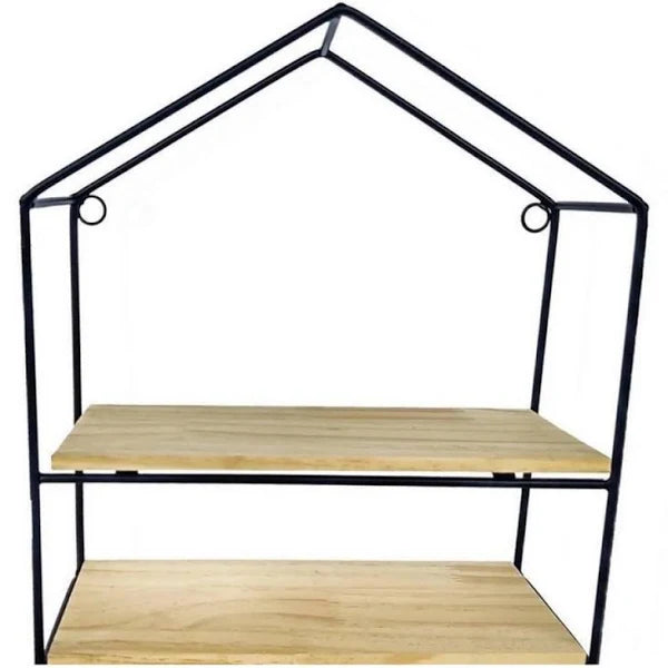 House-Shaped Wall-Mounted Wooden Shelf with Metal Frame