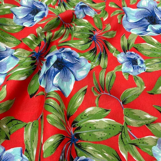 Vibrant Floral Printed Fabric - Tropical Red with Blue Blooms