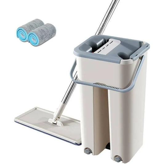 Flat Mop and Bucket Set with Self-Wringing System – Includes Extra Mop Pads