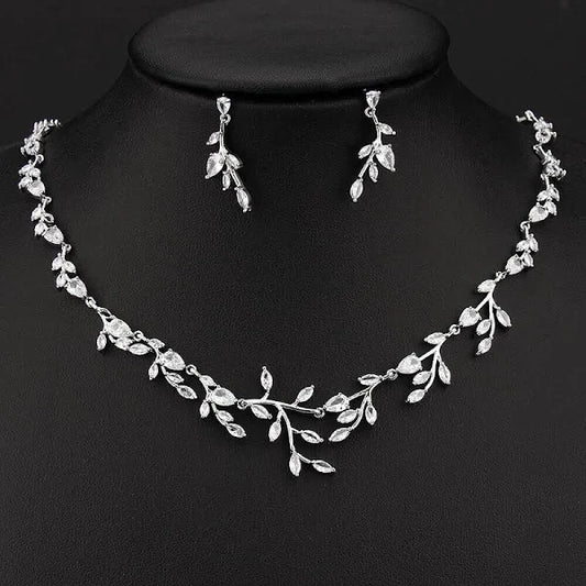 Silver Leaf Design Jewelry Set - Necklace and Earrings for Elegant Occasions