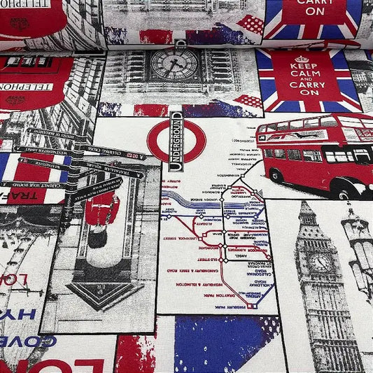 London-Themed Decorative Fabric - Red, Blue, and White