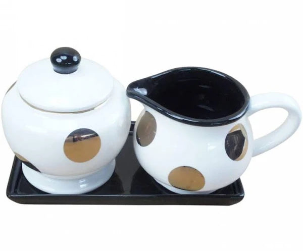 Polka Dot Ceramic Sugar Bowl and Creamer Set with Tray