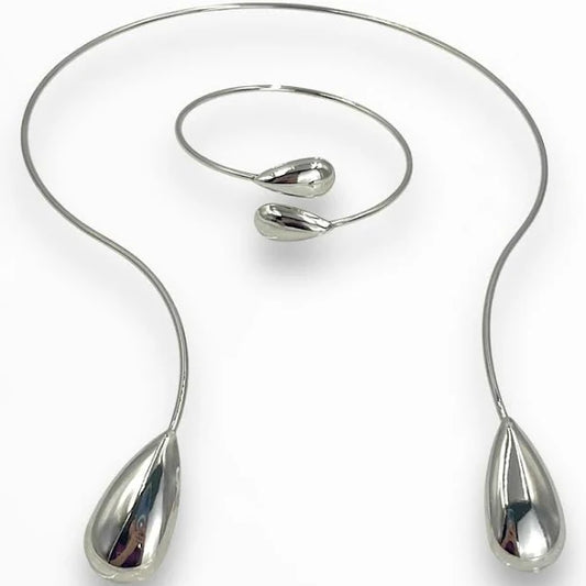 Minimalist Silver Open Necklace and Bracelet Set - Modern Teardrop Design