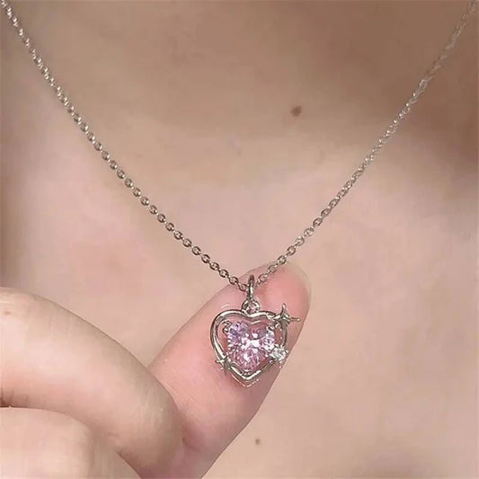 Pink Heart Pendant Necklace with Silver Chain