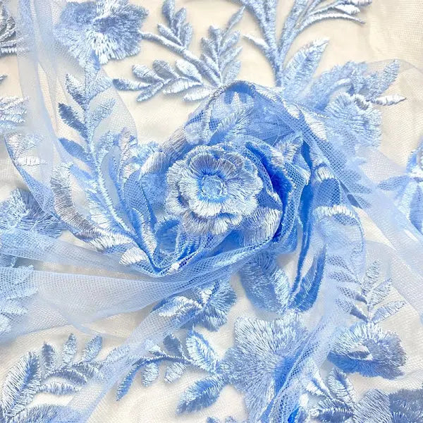 Luxurious Blue Floral Embroidered Lace Fabric