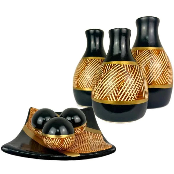 Elegant Black and Gold Decorative Vase Set with Accent Tray and Orbs