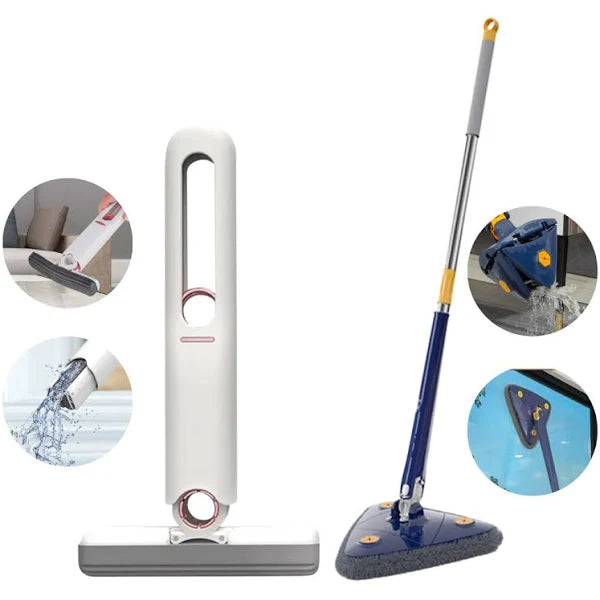 Triangular Rotating Mop with Foldable Design and Squeegee – Multi-Purpose Cleaning Tool